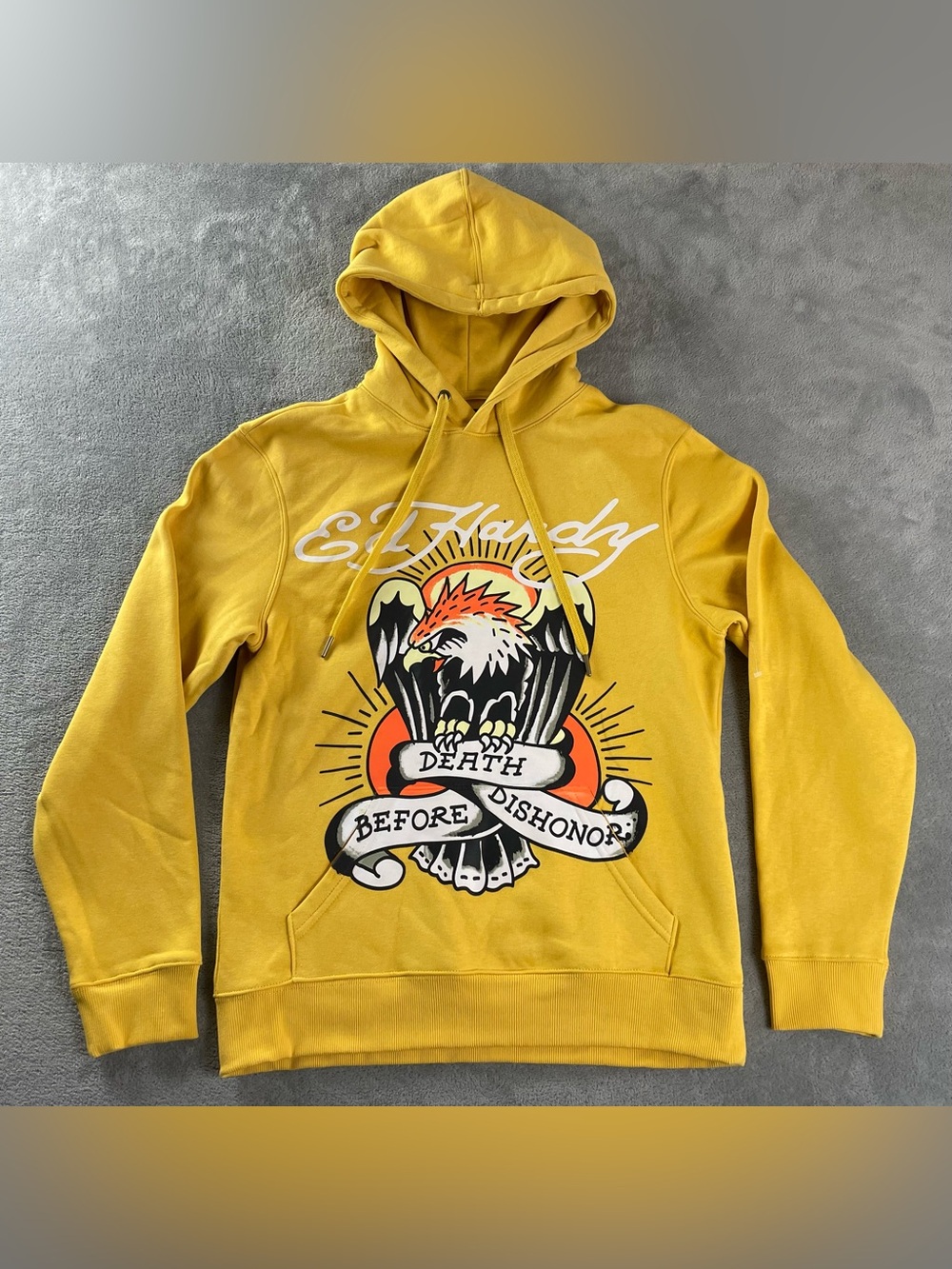 Ed Hardy Men's S Yellow Pullover Hoodie Eagle Graphic Print Hood Pockets NWOT